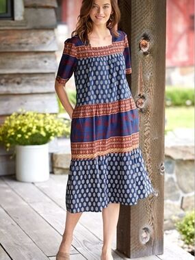 Vermont Country Store Women's Midi Cotton Muumuu Dress With Pockets Boho, Small